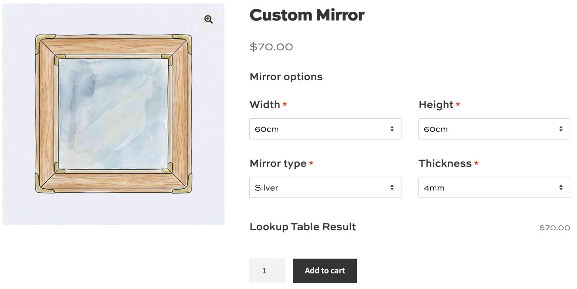 Example WooCommerce product showing price set based on user selections and inputs