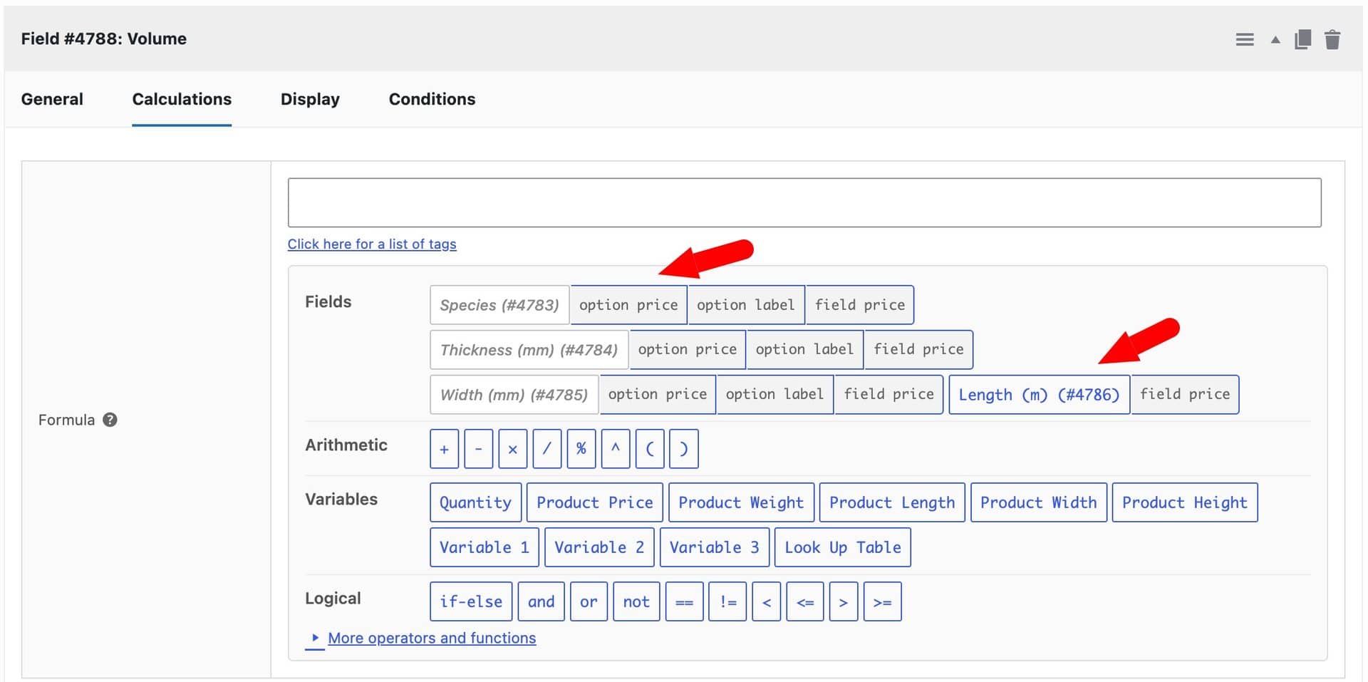Formula builder panel for custom dimensions calculation