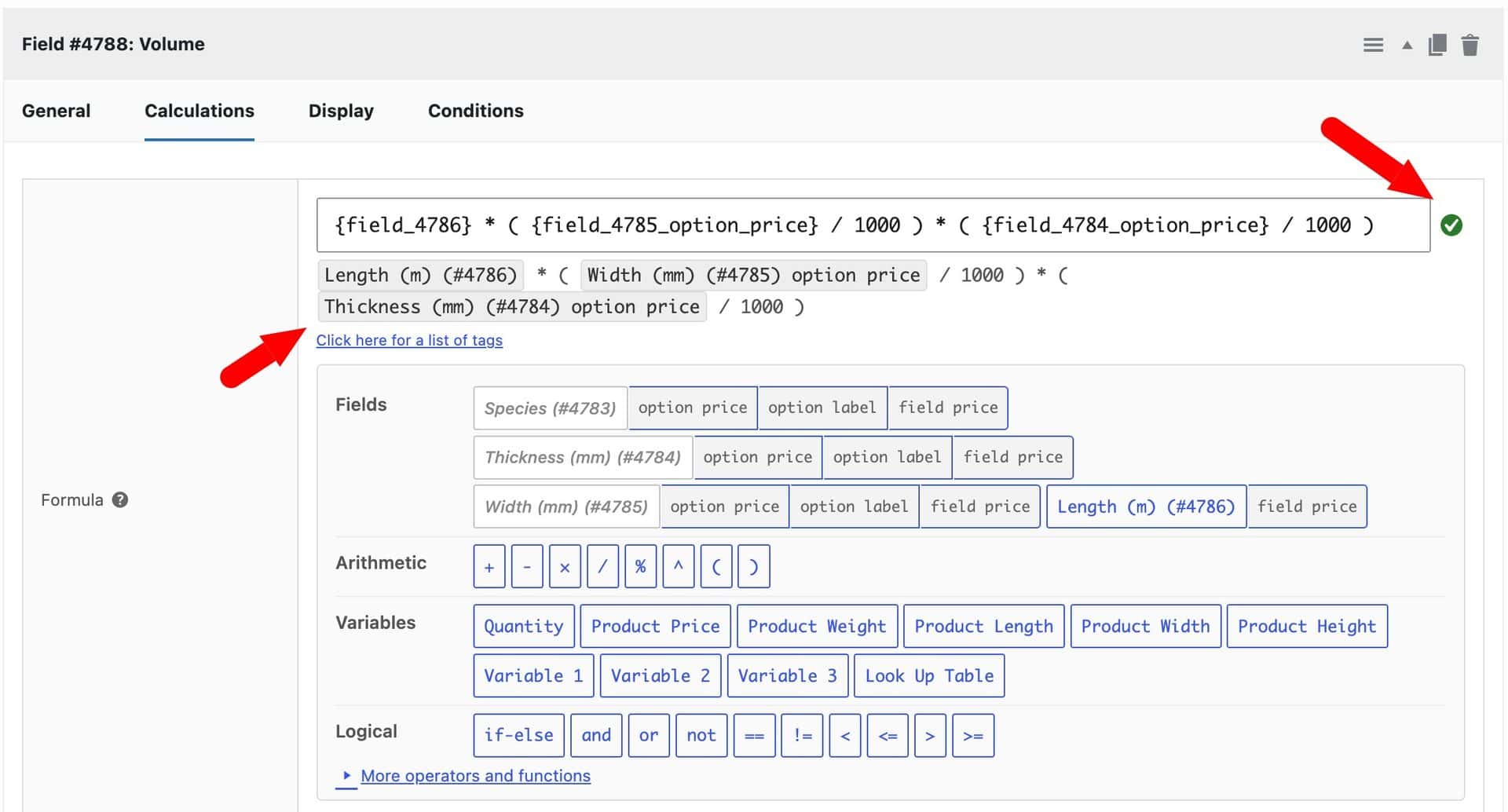 Formula builder panel for custom dimensions calculation showing validator and natural language preview