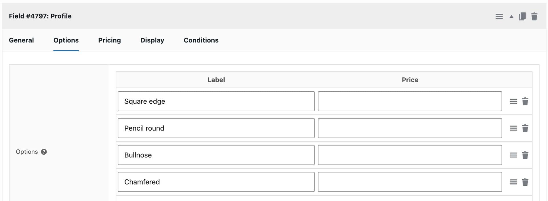 Select field options for different timber cutting finishes