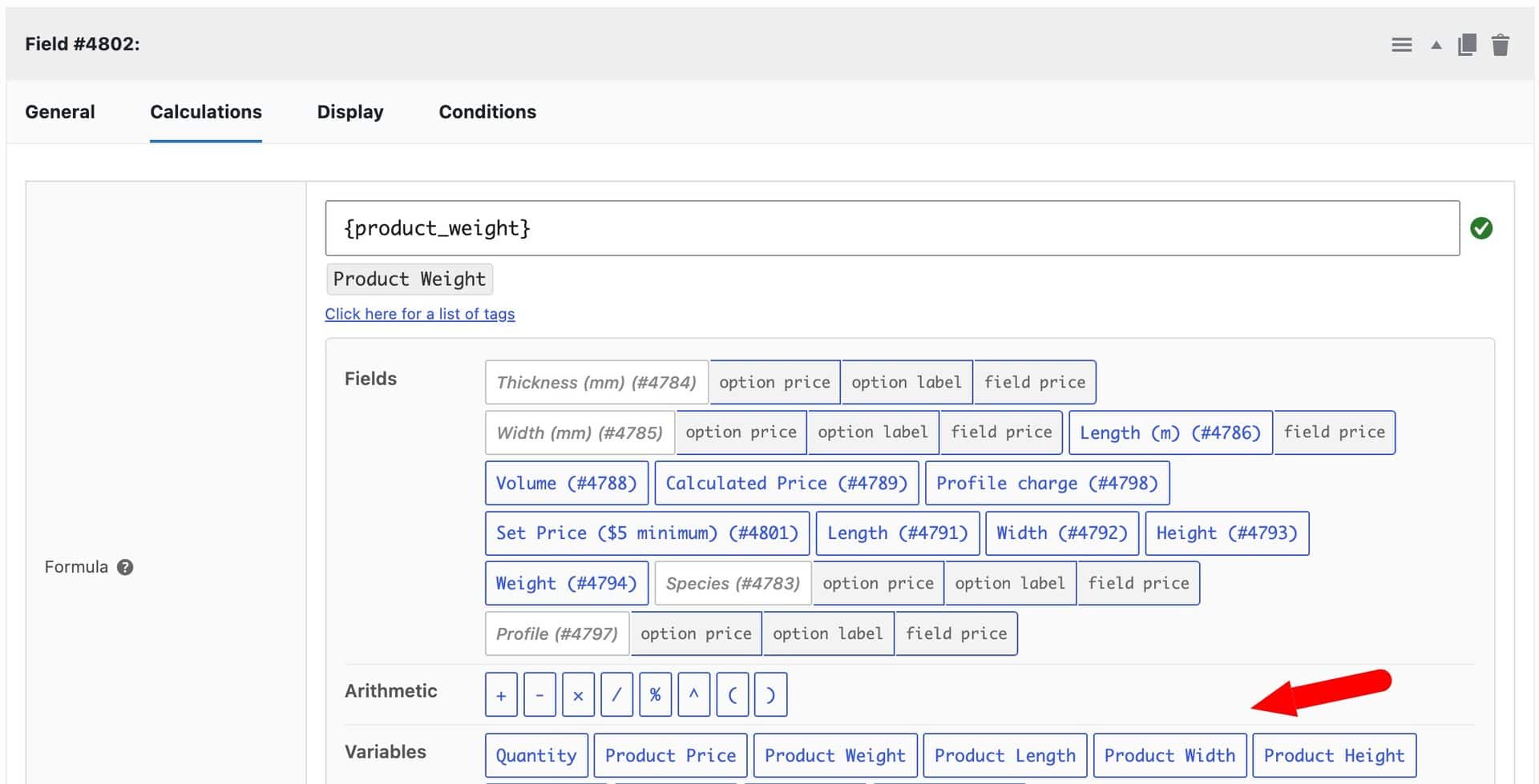 Formula builder buttons for product dimensions