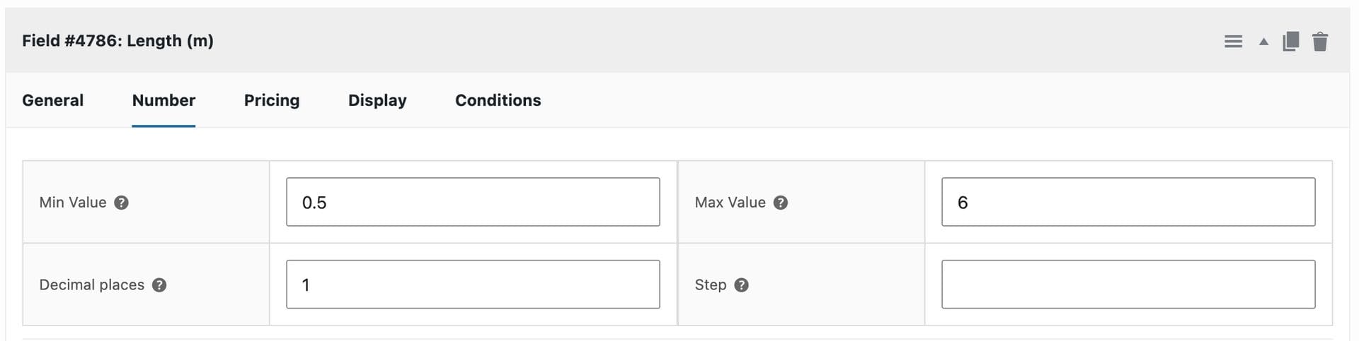 Field settings for number field