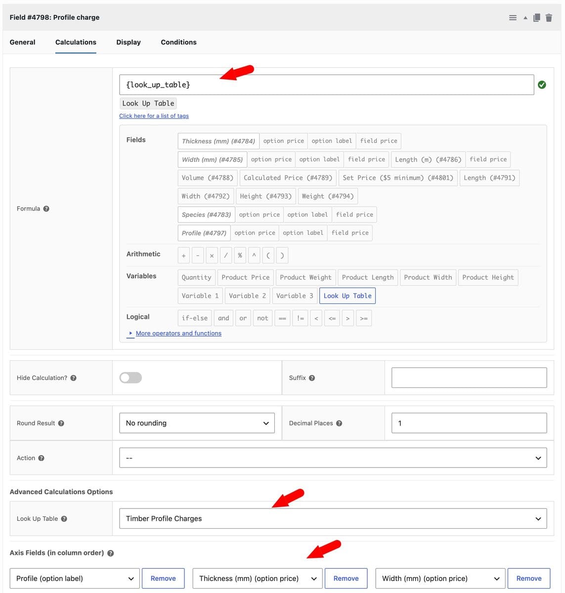 Settings for calculation field to get lookup table values for custom timber product