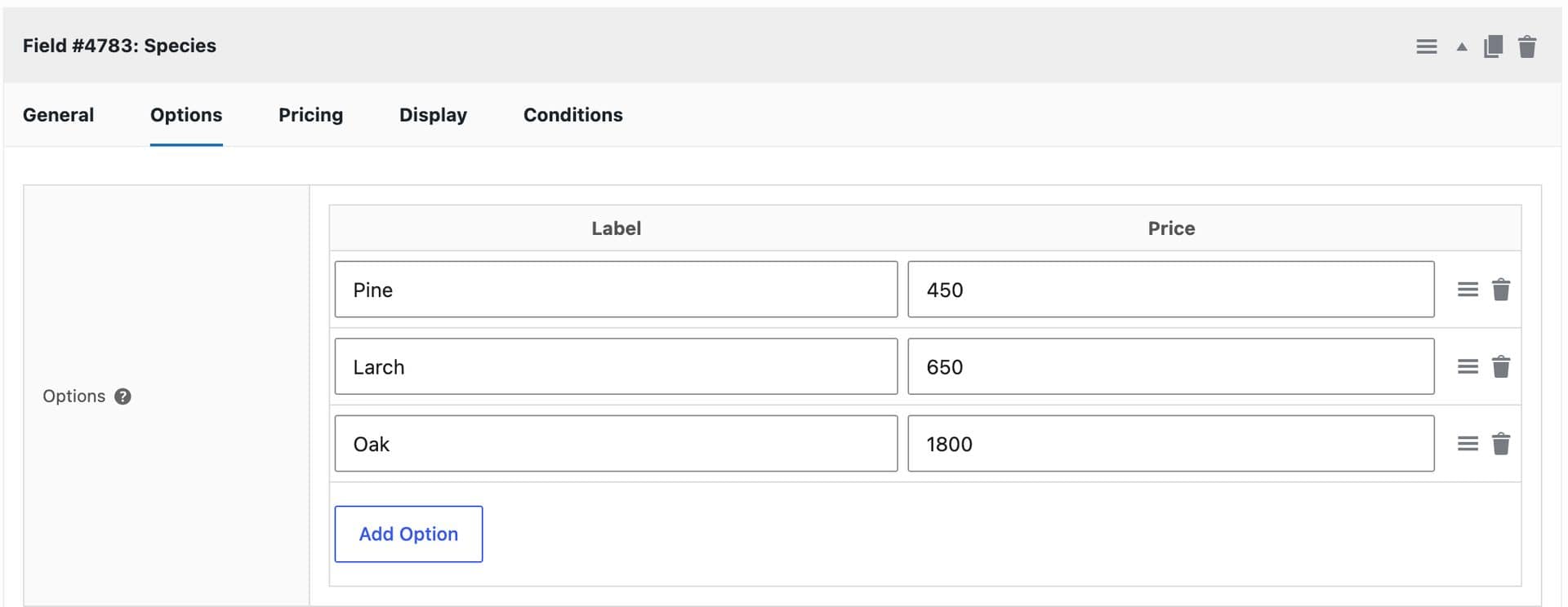Select field options for user to select type of wood