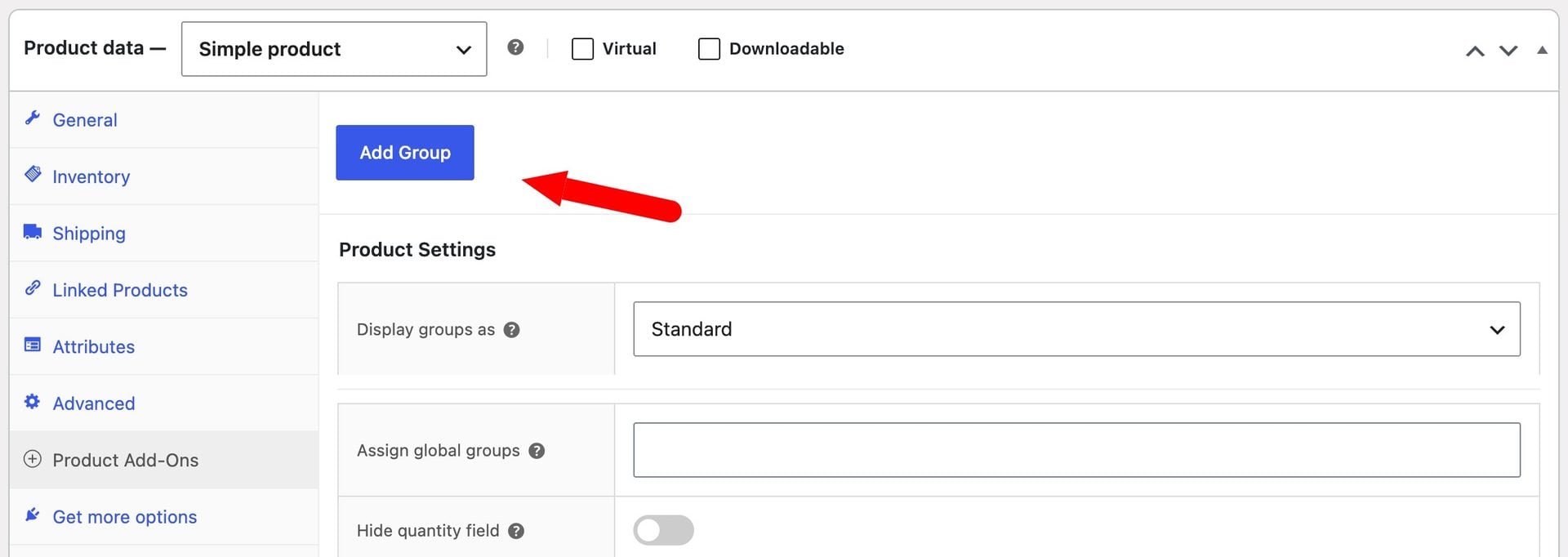 'Add group' button in WooCommerce Product Add-Ons Ultimate