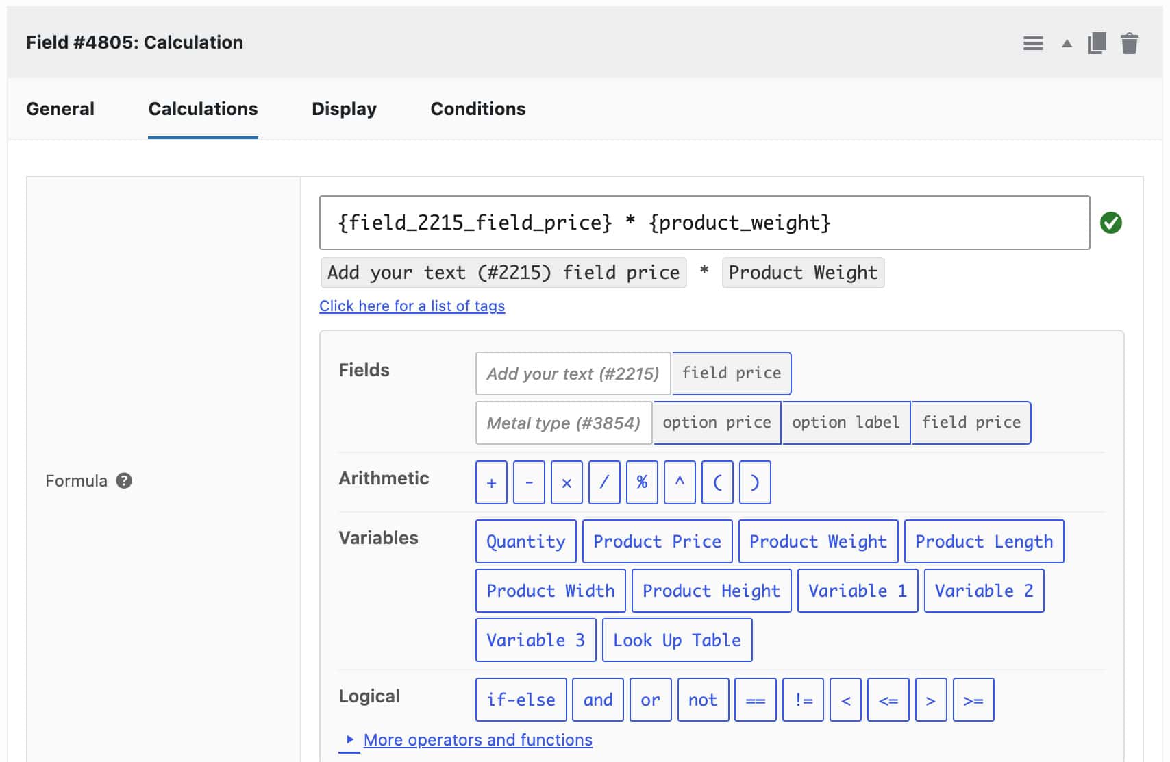 Calculation field settings in WooCommerce Product Add-Ons Ultimate