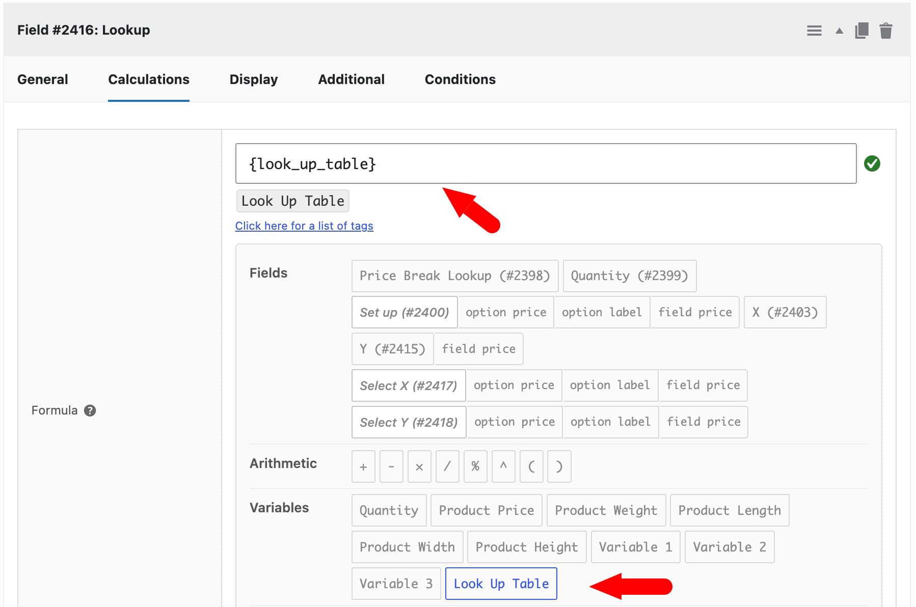 Formula builder with look up table selected
