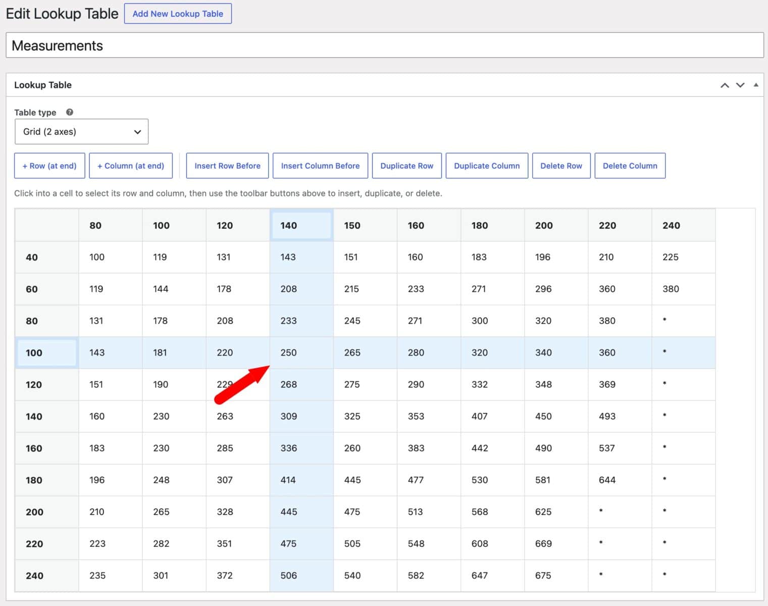 WooCommerce lookup table with 2 axes