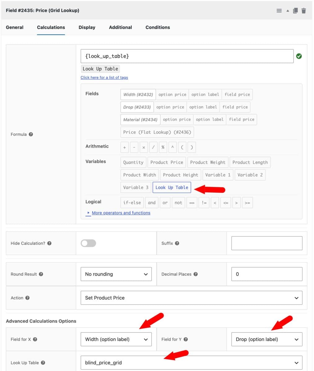 Field settings for lookup table calculation formula