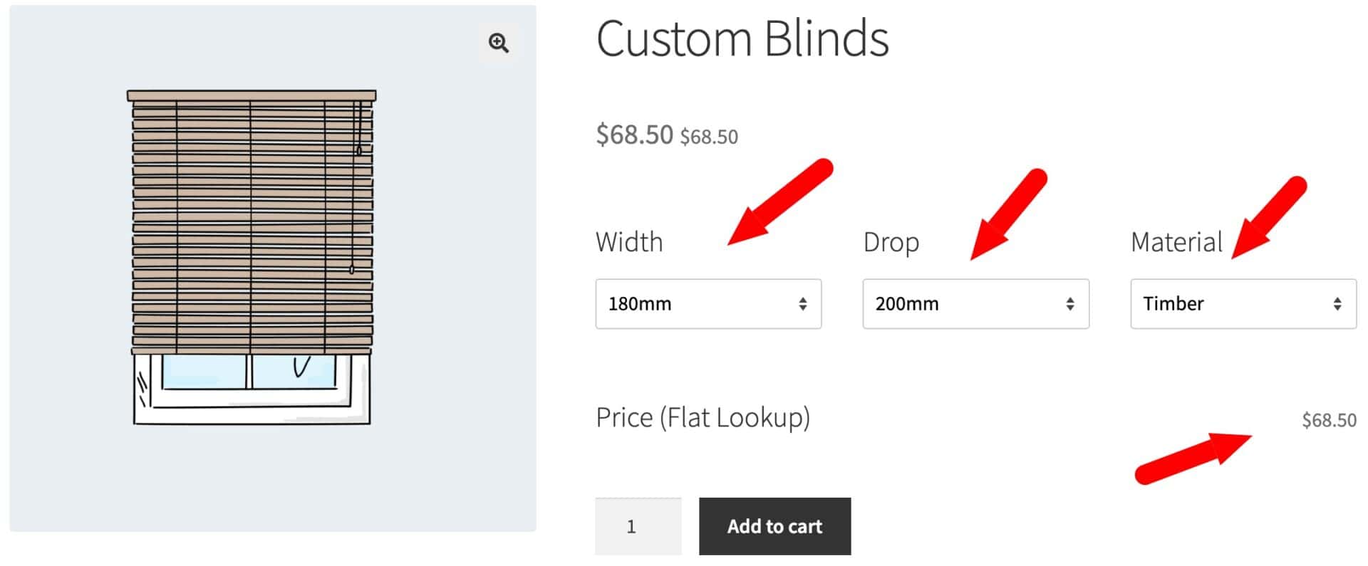 Product page for custom blinds - price is set based on user selections in dropdown lists