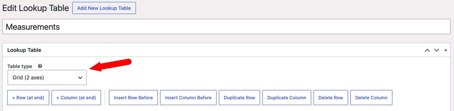 Select field for table type