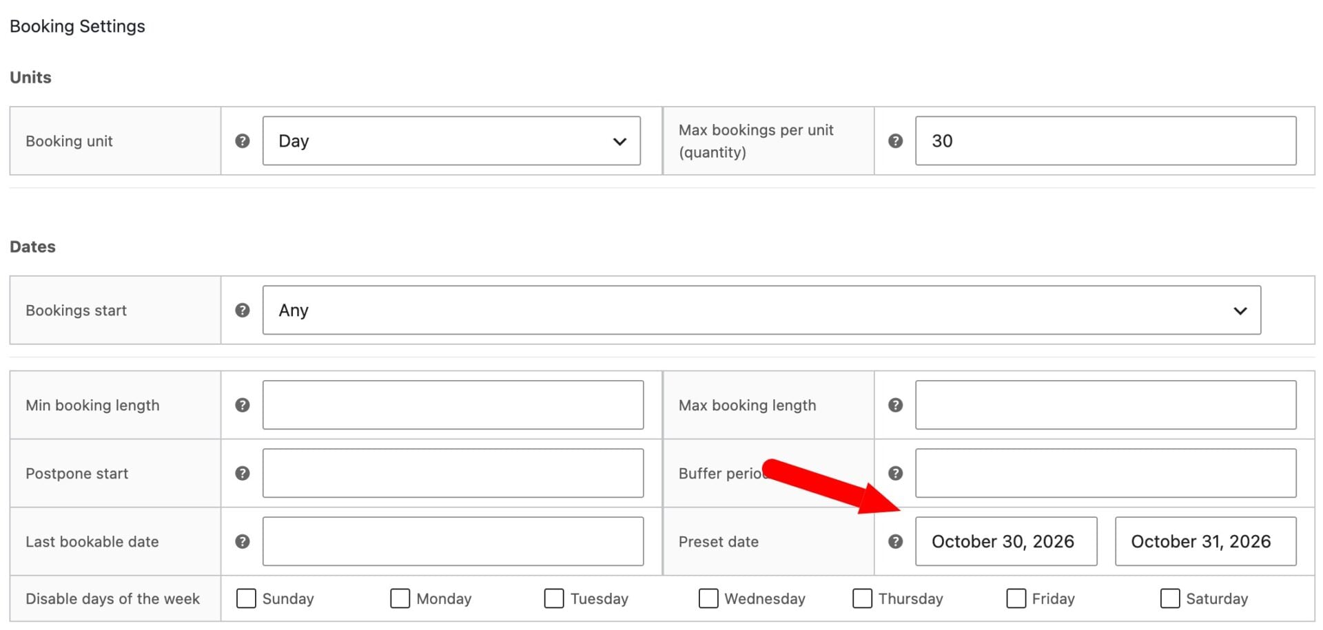 Preset date setting in Bookings for WooCommerce