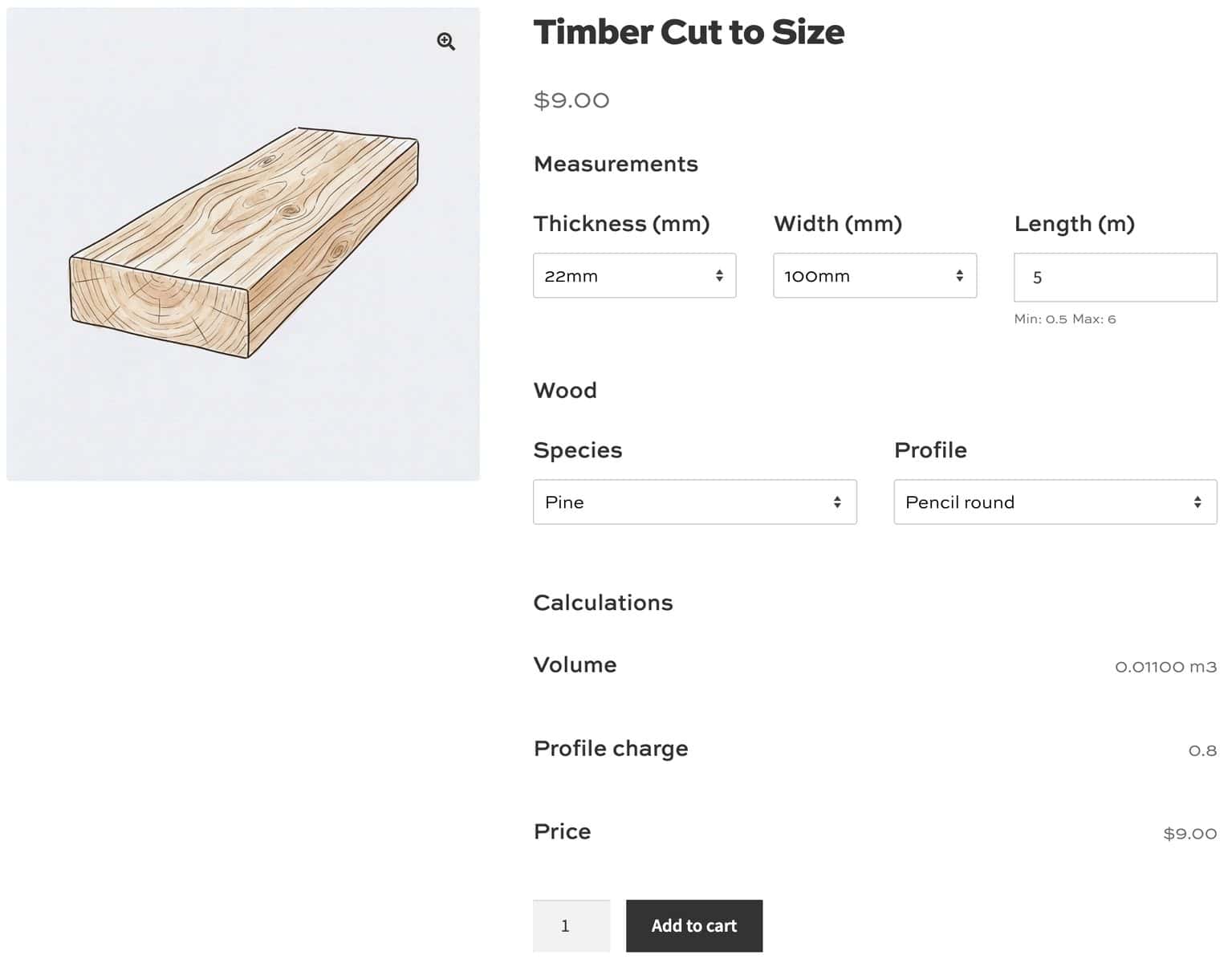 WooCommerce product page for custom timber cut to size