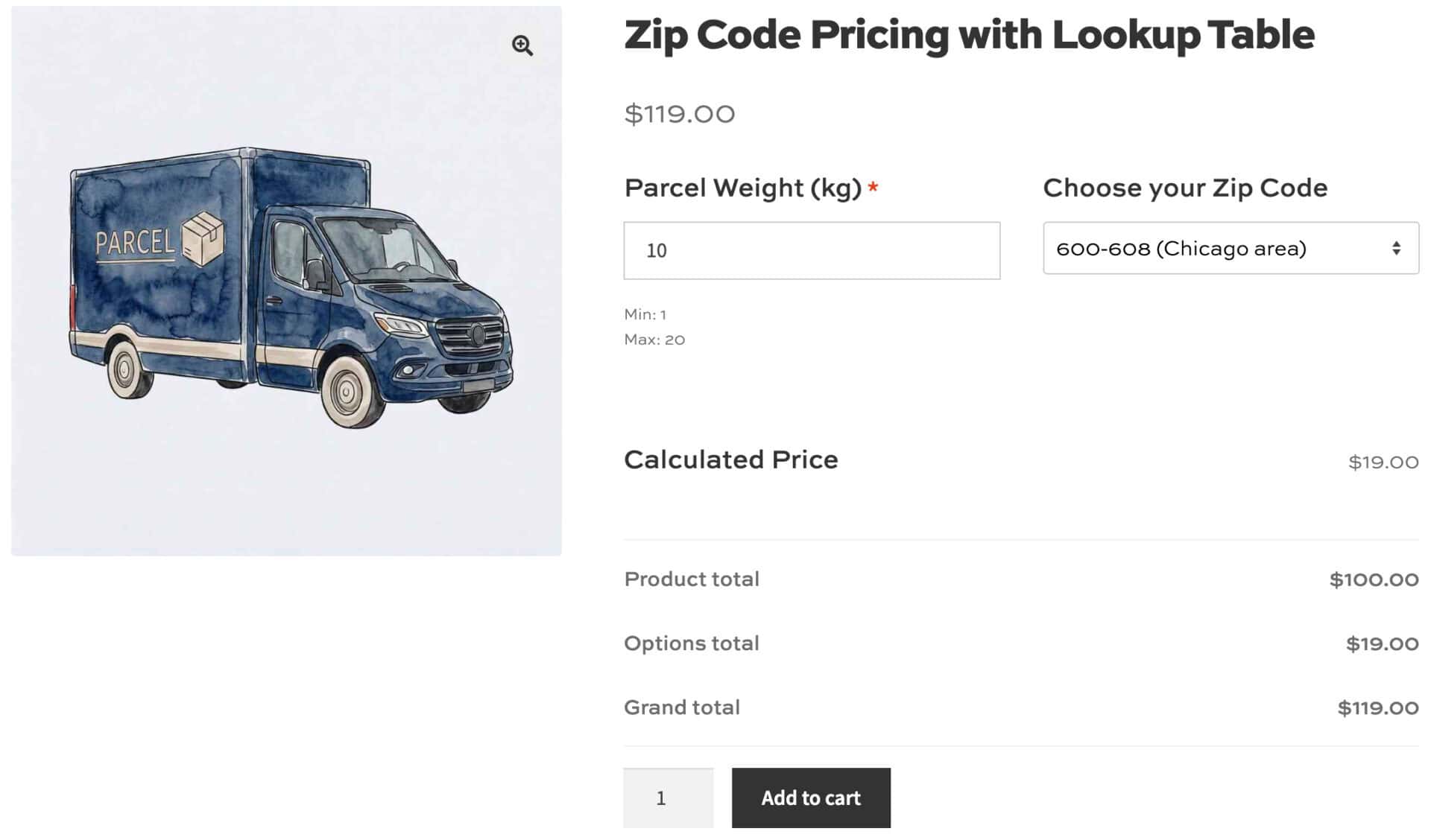 WooCommerce product page showing shipping cost calculated from lookup table