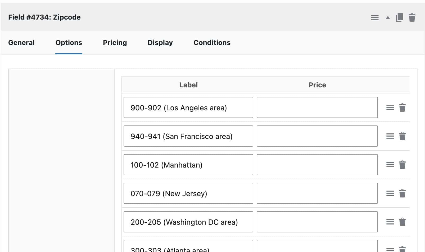 Select field settings to choose your zip code