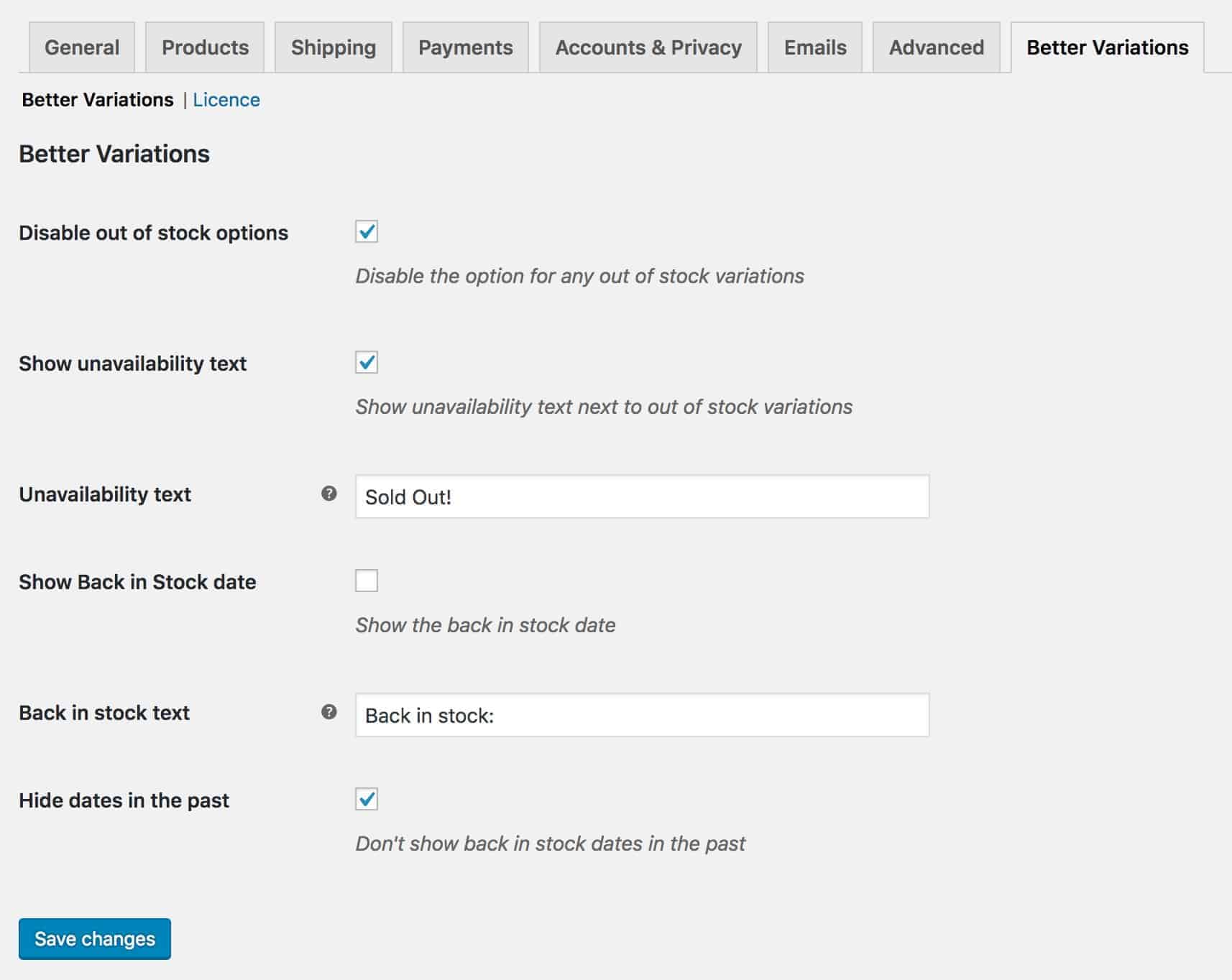 WooCommerce Better Variations settings page