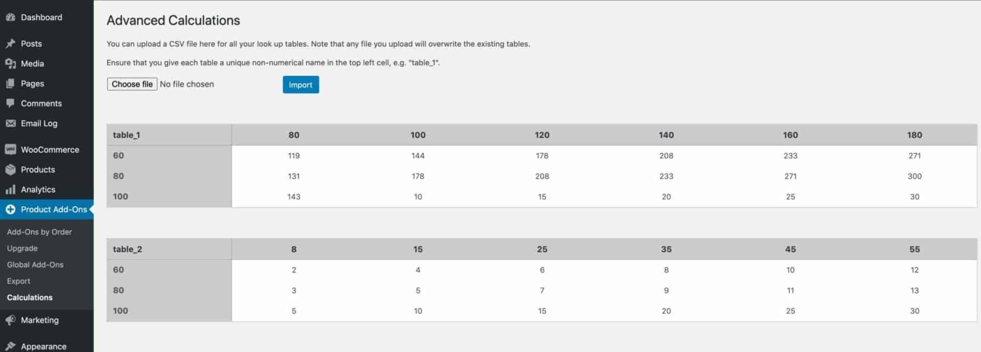 advanced calculations pricing tables