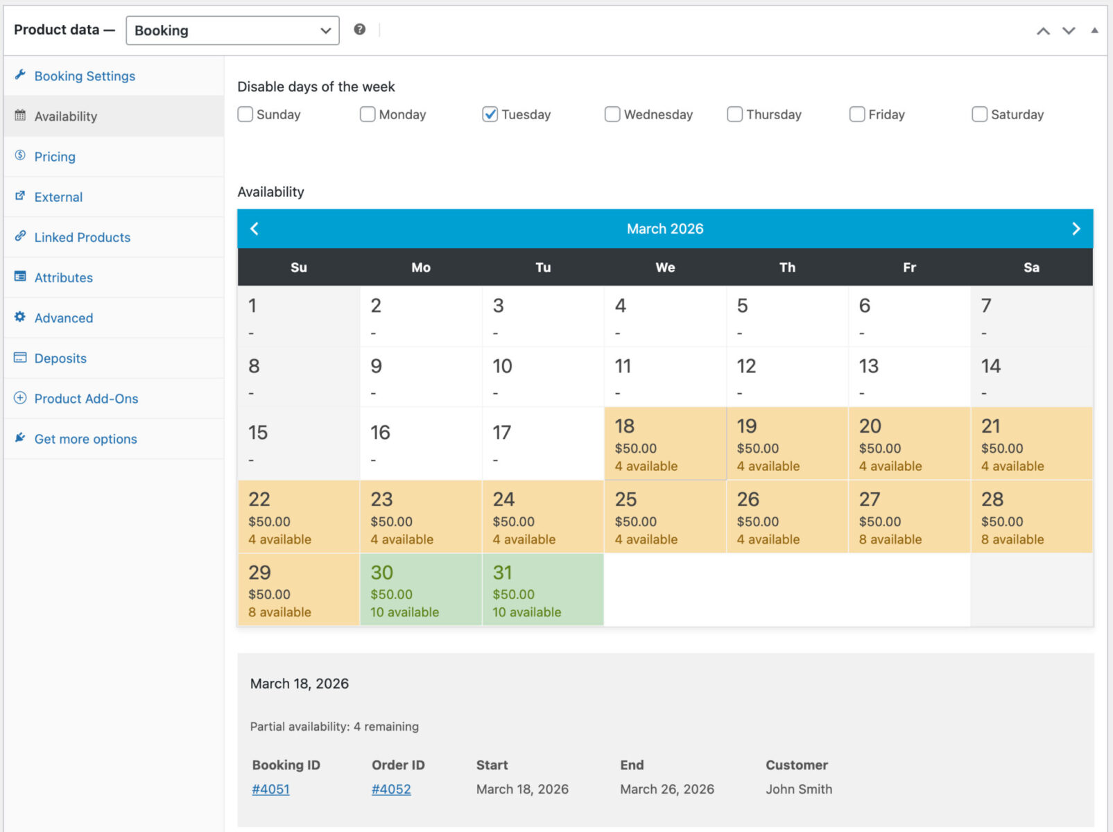 Admin calendar view showing availability for booking product