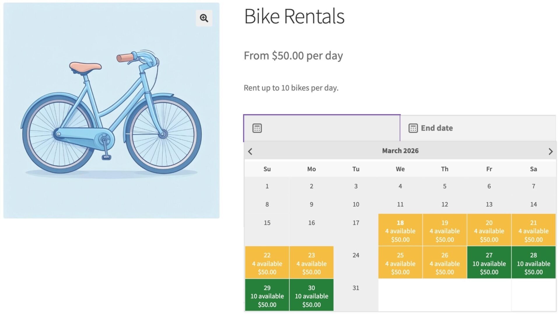 Product page for Bookings for WooCommerce showing availability information to user