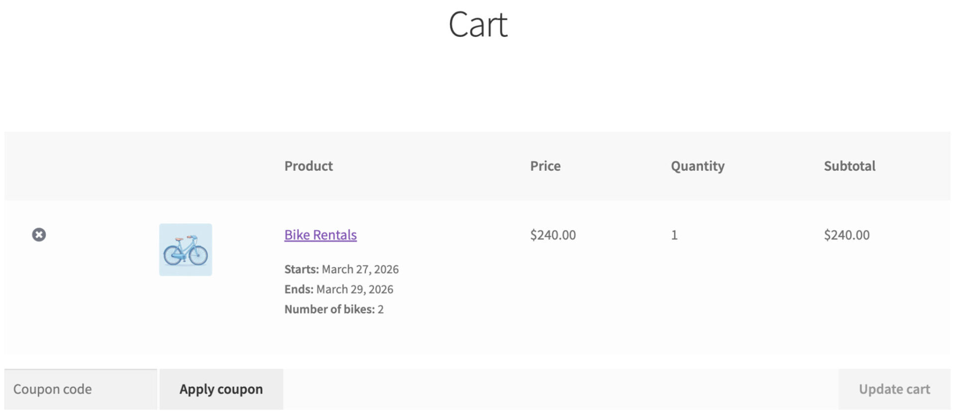 Booking in WooCommerce cart showing meta data