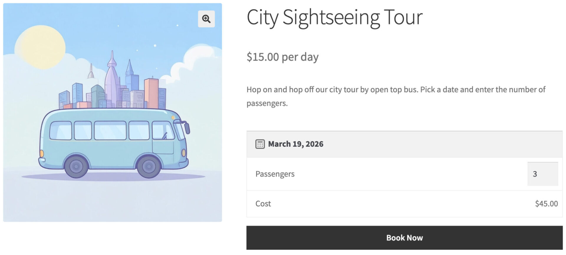 WooCommerce bookings product page with single calendar option