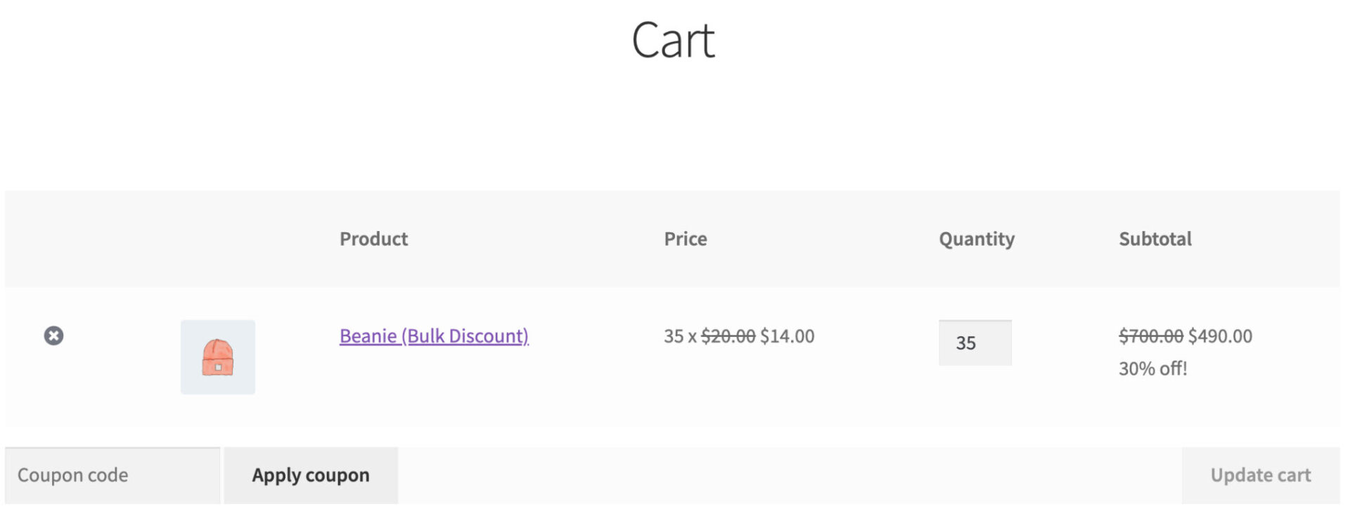 WooCommerce cart page showing discounts applied dynamically